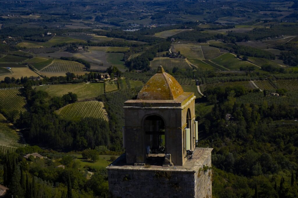 San Gimignano towers vineyard view sunset