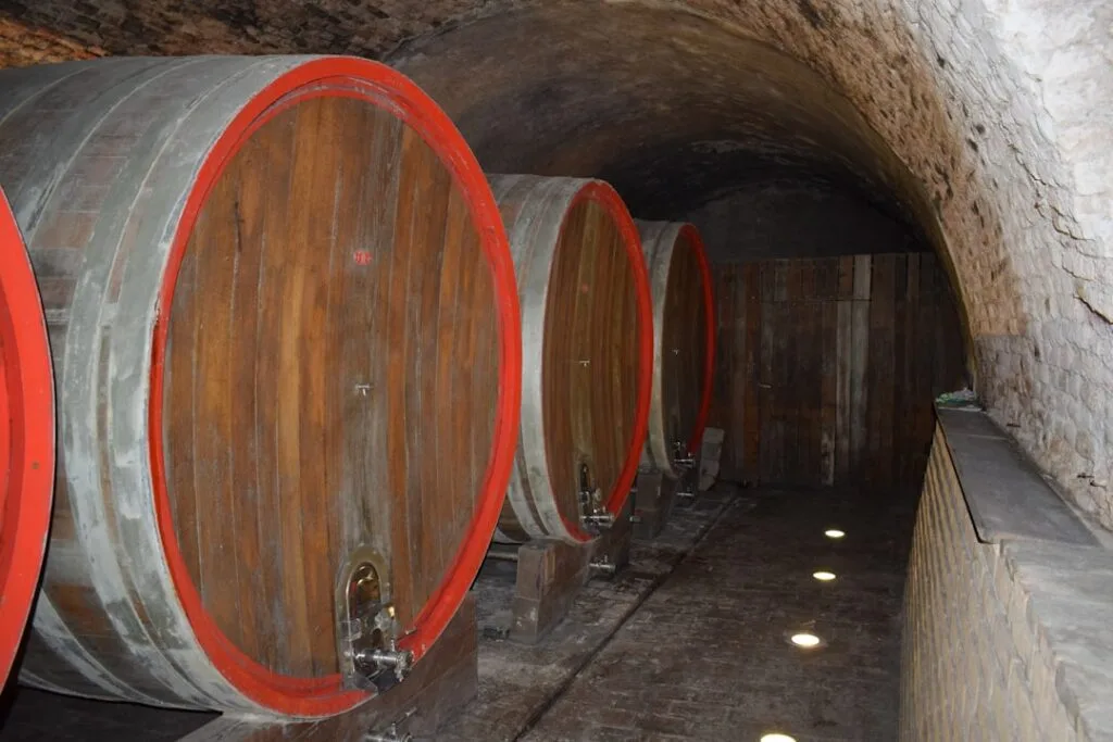 Fûts en bois alignés dans une cave voûtée à San Gimignano