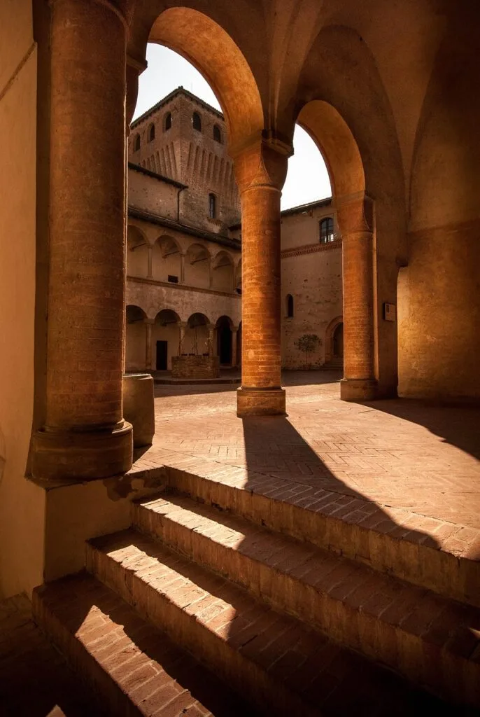 Arcades et marches éclairées dans une cour médiévale de San Gimignano