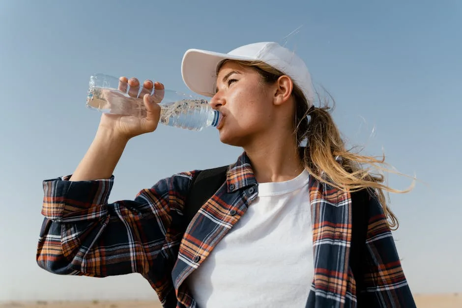 Randonneuse portant casquette s'hydratant pendant une balade près de San Gimignano