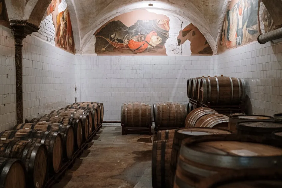 Fûts empilés dans une cave aux murs carrelés et fresques à San Gimignano