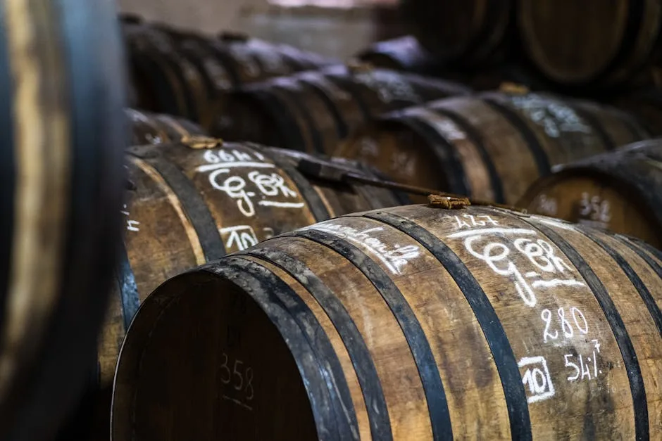 Tonneaux numérotés dans un chai de vin près de San Gimignano.