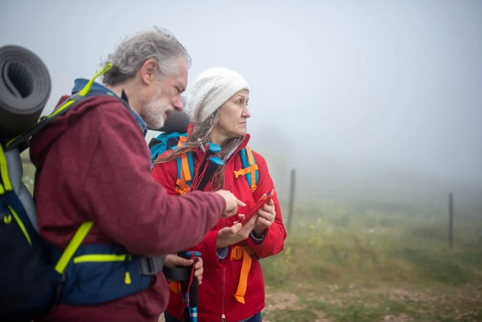 Randonneurs consultent un smartphone pour itinéraire près de San Gimignano dans la brume