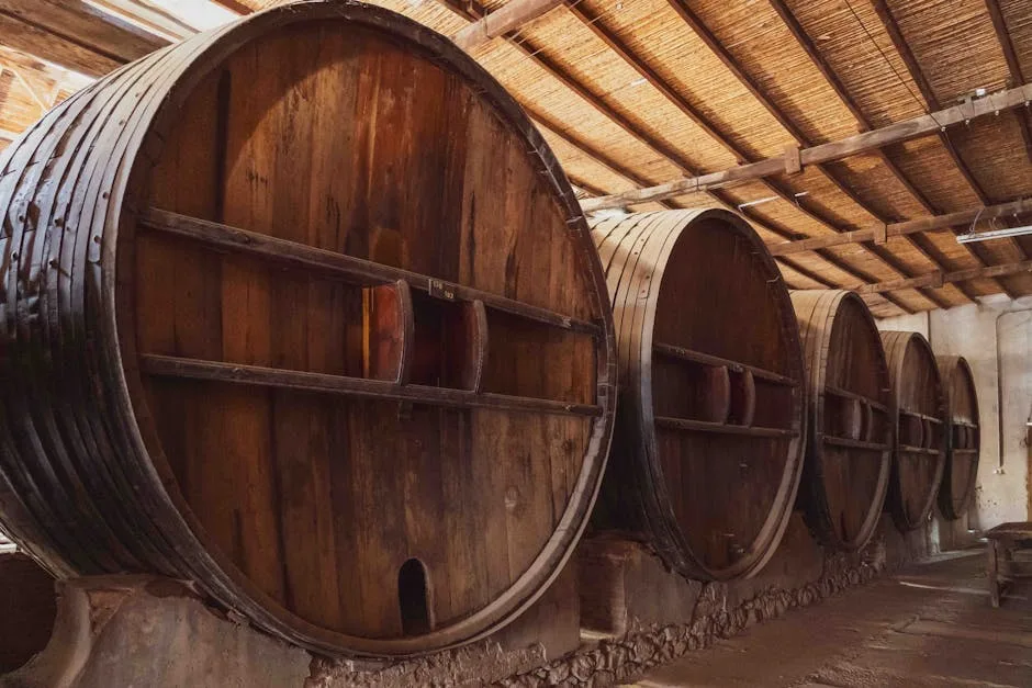 Grande barrique en bois alignée dans une cave à San Gimignano